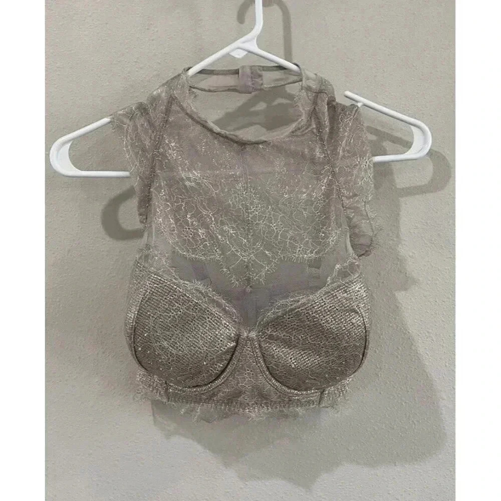 VICTORIA’S SECRET Dream Angels Corset Tulle Lace Rhinestone Bra 36DD Gray Lace